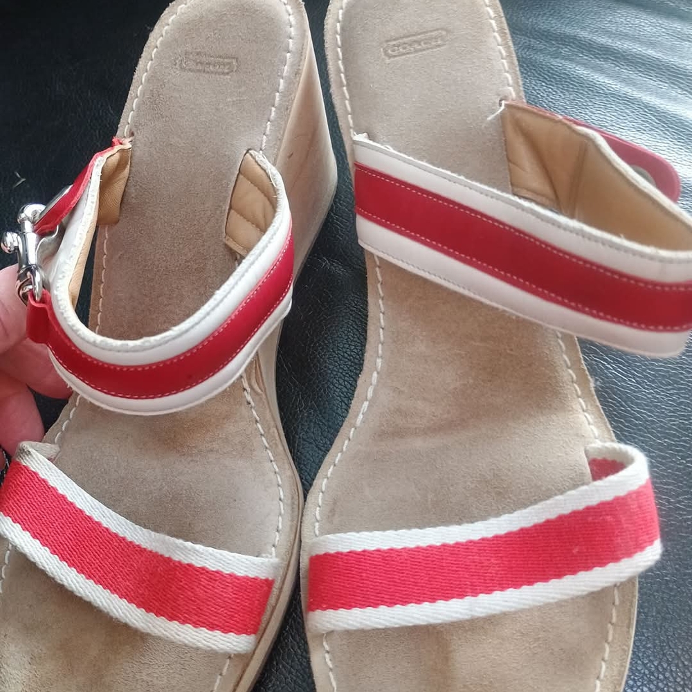 Coach Red and Cream Wedge Shoes with Straps